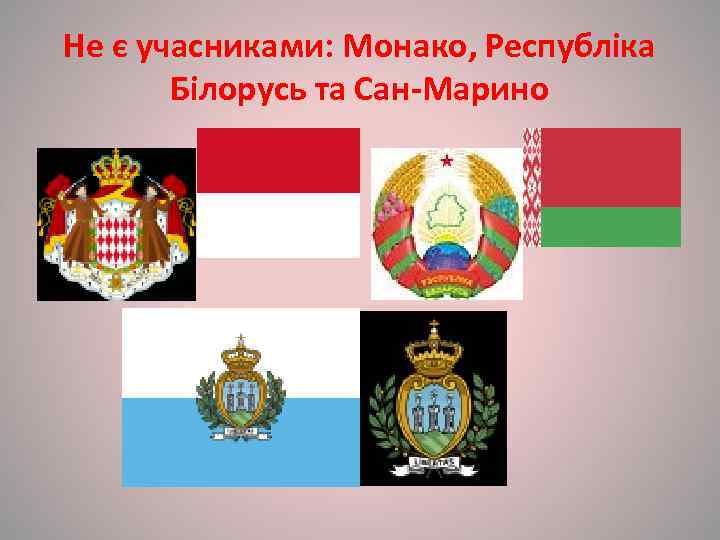Не є учасниками: Монако, Республіка   Білорусь та Сан-Марино 