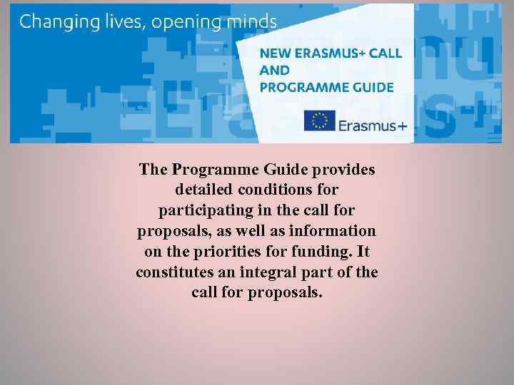 The Programme Guide provides detailed conditions for  participating in the call for proposals,