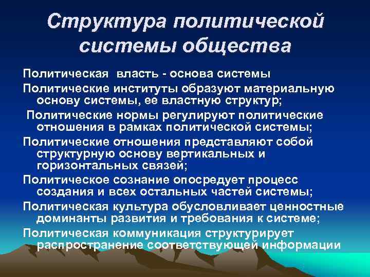   Структура политической системы общества Политическая власть - основа системы Политические институты образуют