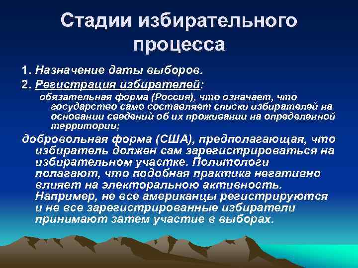  Стадии избирательного   процесса 1. Назначение даты выборов. 2. Регистрация избирателей: 