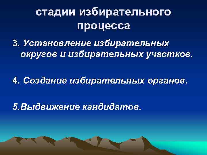   стадии избирательного  процесса 3. Установление избирательных  округов и избирательных участков.