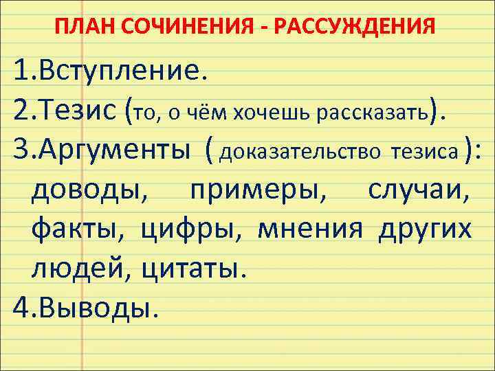   ПЛАН СОЧИНЕНИЯ - РАССУЖДЕНИЯ 1. Вступление. 2. Тезис (то, о чём хочешь