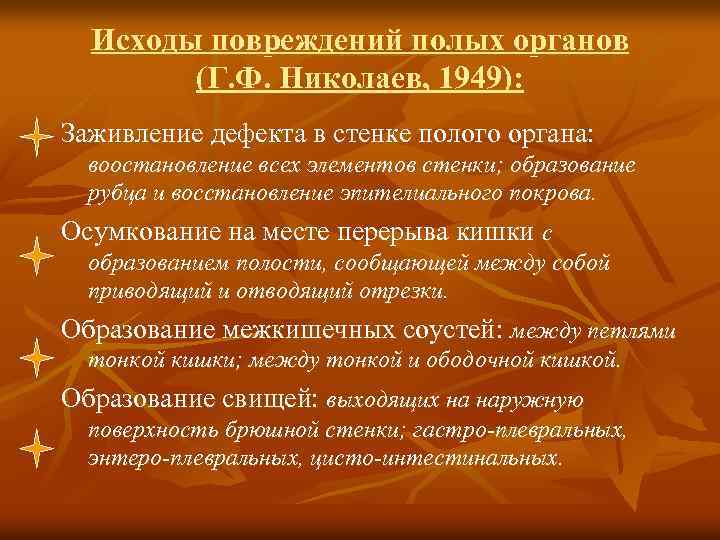 Исходы повреждений полых органов (Г. Ф. Николаев, 1949): Заживление дефекта в стенке полого органа: