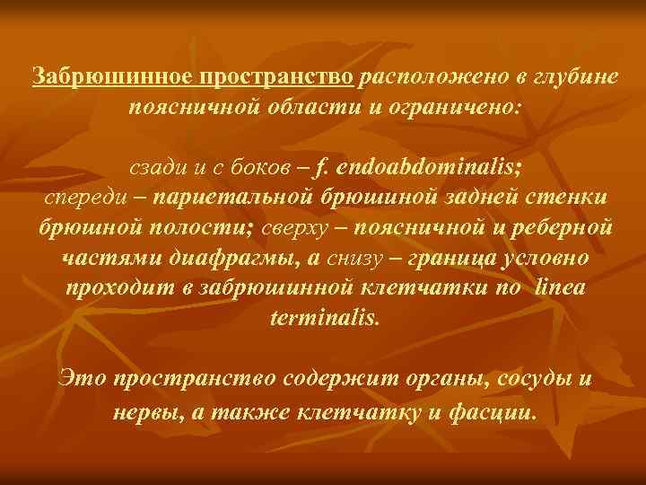 Забрюшинное пространство расположено в глубине поясничной области и ограничено: сзади и с боков –