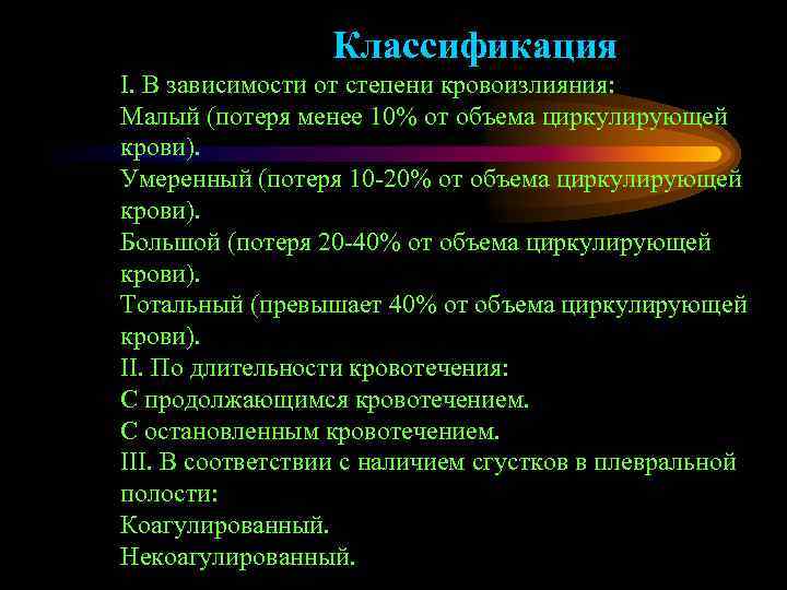    Классификация І. В зависимости от степени кровоизлияния: Малый (потеря менее 10%