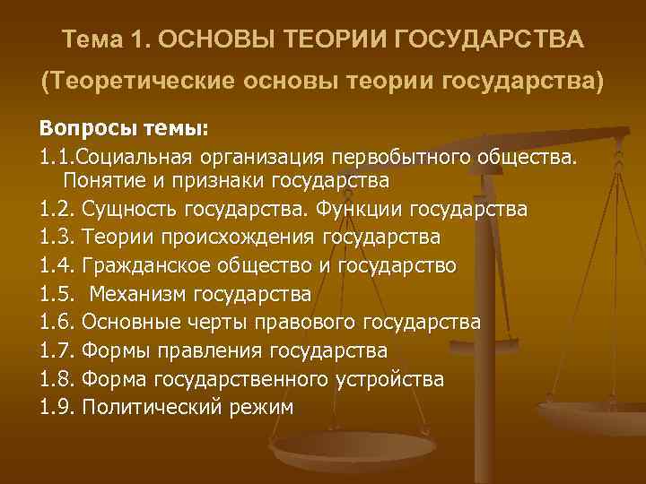  Тема 1. ОСНОВЫ ТЕОРИИ ГОСУДАРСТВА (Теоретические основы теории государства) Вопросы темы: 1. 1.
