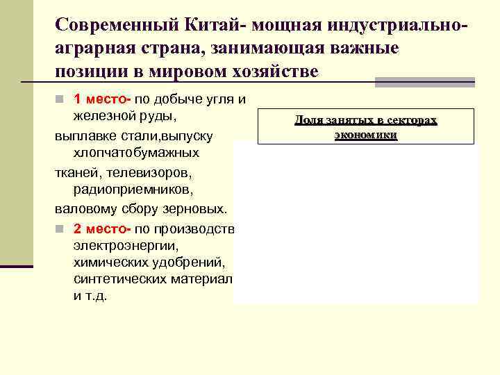 Современный Китай- мощная индустриально- аграрная страна, занимающая важные позиции в мировом хозяйстве n 1