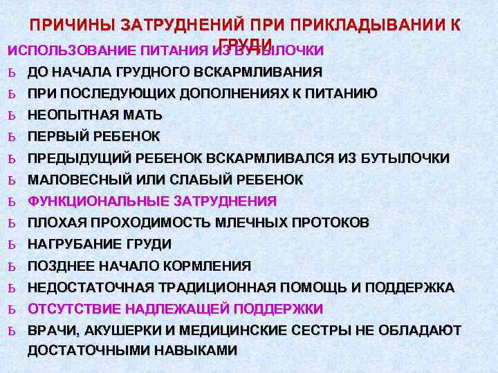 ПРИЧИНЫ ЗАТРУДНЕНИЙ ПРИКЛАДЫВАНИИ К ГРУДИ ИСПОЛЬЗОВАНИЕ ПИТАНИЯ ИЗ БУТЫЛОЧКИ ь ь ь ь ДО