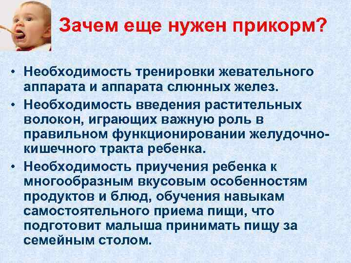 Зачем еще нужен прикорм? • Необходимость тренировки жевательного аппарата и аппарата слюнных желез. •