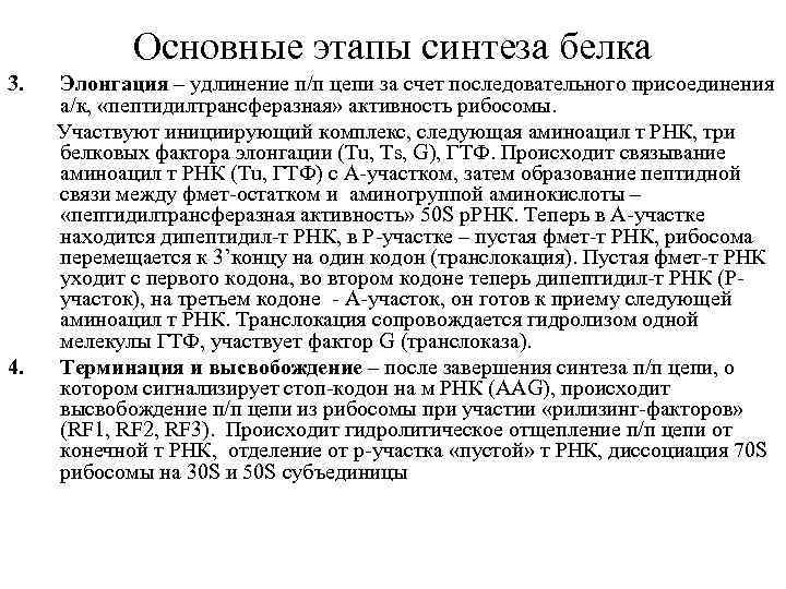   Основные этапы синтеза белка 3.  Элонгация – удлинение п/п цепи за