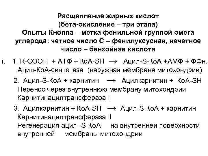    Расщепление жирных кислот   (бета-окисление – три этапа)  Опыты