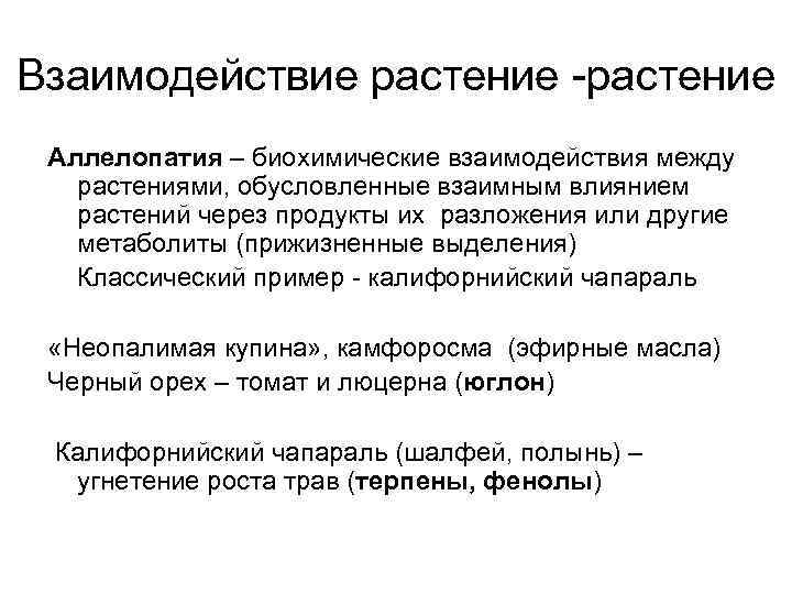 Взаимодействие растение -растение Аллелопатия – биохимические взаимодействия между  растениями, обусловленные взаимным влиянием 