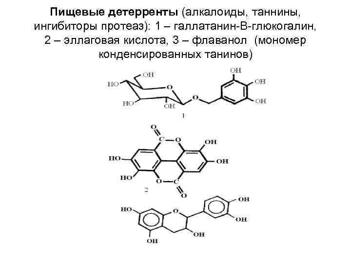   Пищевые детерренты (алкалоиды, таннины, ингибиторы протеаз): 1 – галлатанин-В-глюкогалин,  2 –