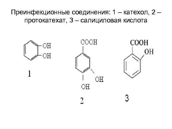 Преинфекционные соединения: 1 – катехол, 2 –  протокатехат, 3 – салициловая кислота 