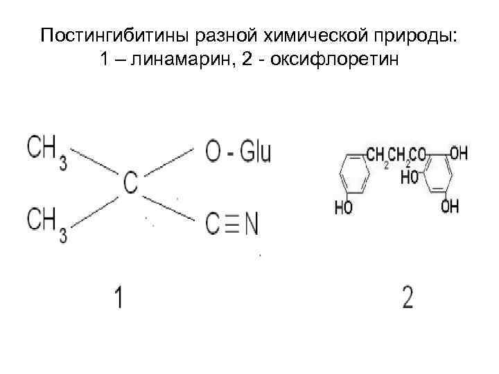 Постингибитины разной химической природы:  1 – линамарин, 2 - оксифлоретин 