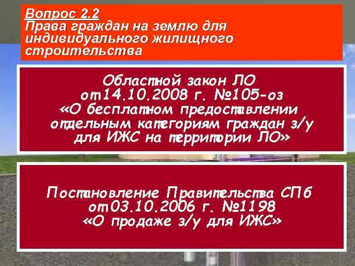 Вопрос 2. 2 Права граждан на землю для индивидуального жилищного строительства  Областной закон
