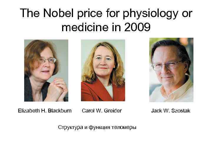 The Nobel price for physiology or  medicine in 2009 Elizabeth H. Blackburn 