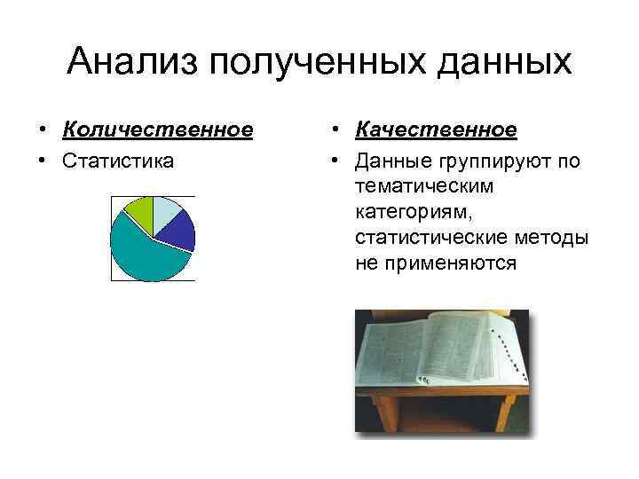  Анализ полученных данных • Количественное  • Качественное • Статистика  • Данные