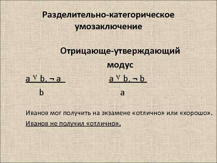 Условно разделительные. Отрицающе-утверждающий Модус умозаключение. Разделительно-категорическое умозаключение схема. Отрицающе утверждающий Модус логика. Разделительно-категорическое умозаключение примеры.