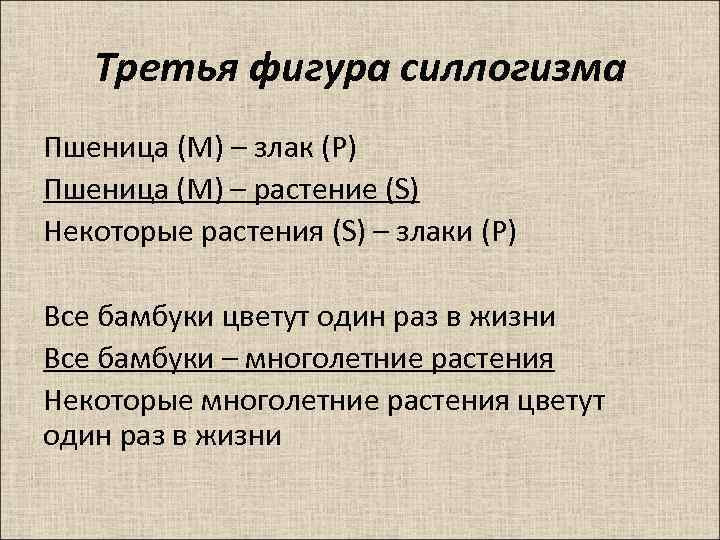 Третья фигура силлогизма Пшеница (М) – злак (Р) Пшеница (М) – растение (S) Некоторые