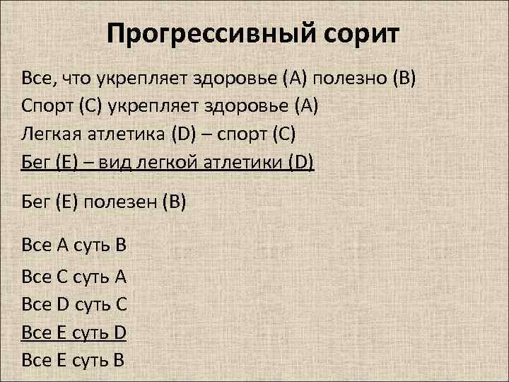 Прогрессивный сорит Все, что укрепляет здоровье (А) полезно (В) Спорт (С) укрепляет здоровье (А)