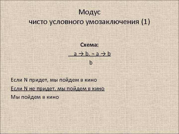 Модус чисто условного умозаключения (1) Схема: a → b, ¬ a → b b