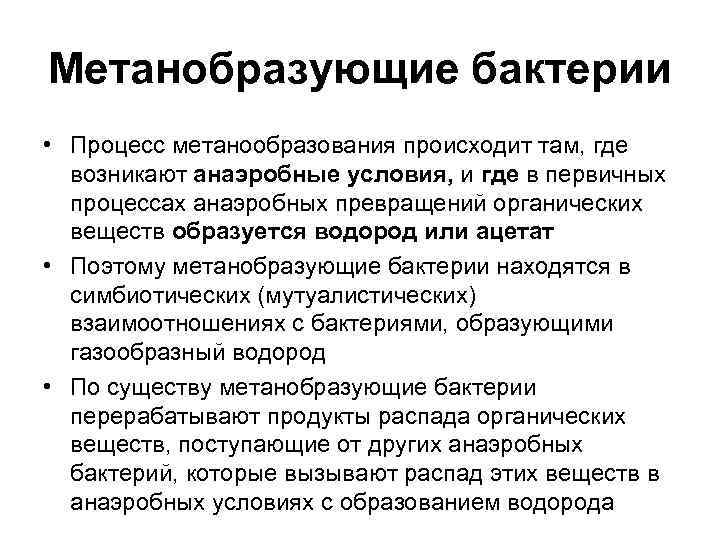 Метанобразующие бактерии • Процесс метанообразования происходит там, где  возникают анаэробные условия, и где