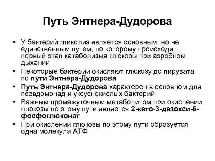   Путь Энтнера-Дудорова • У бактерий гликолиз является основным, но не  единственным
