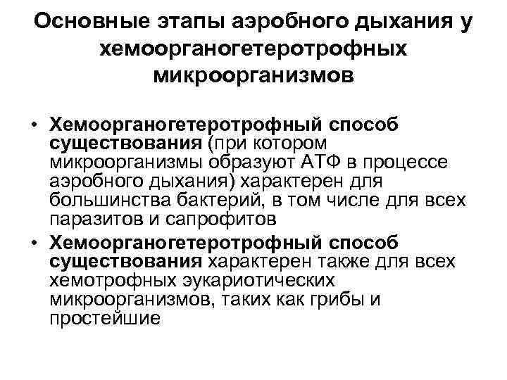 Основные этапы аэробного дыхания у хемоорганогетеротрофных   микроорганизмов  • Хемоорганогетеротрофный способ 