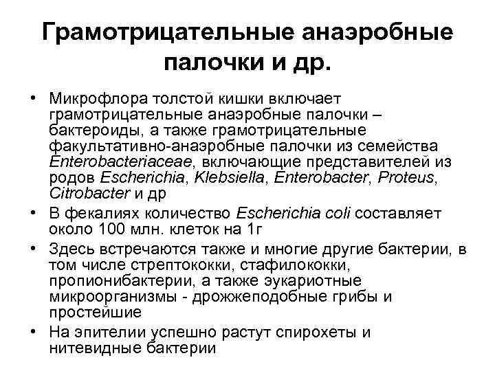  Грамотрицательные анаэробные   палочки и др.  • Микрофлора толстой кишки включает