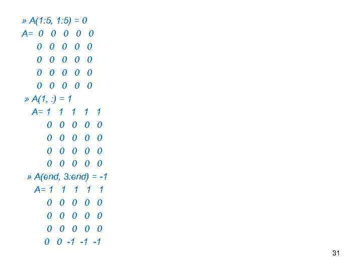 » A(1: 5, 1: 5) = 0 A= 0  0  0 