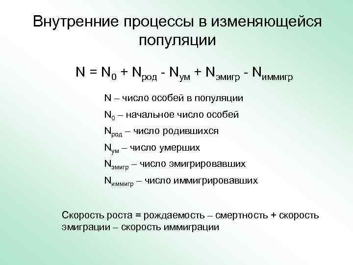 Внутренние процессы в изменяющейся   популяции  N = N 0 + Nрод