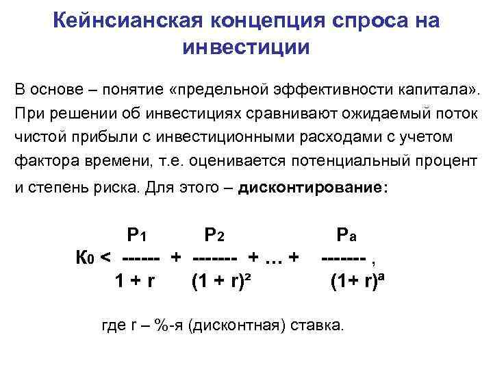   Кейнсианская концепция спроса на    инвестиции В основе – понятие