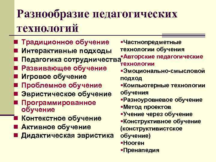 Разнообразие педагогических технологий §Частнопредметные Традиционное обучение Интерактивные подходы технологии обучения Педагогика сотрудничества§Авторские педагогические технологии