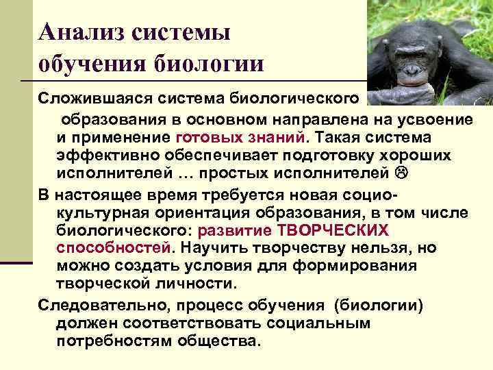 Анализ системы обучения биологии Сложившаяся система биологического образования в основном направлена на усвоение и