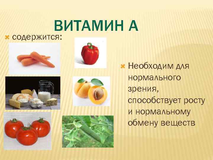   ВИТАМИН А  содержится:     Необходим для  