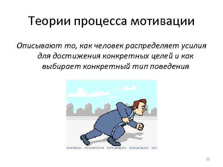 Теории процесса мотивации Описывают то, как человек распределяет усилия для достижения конкретных целей Теории процесса мотивации Описывают то, как человек распределяет усилия для достижения конкретных целей