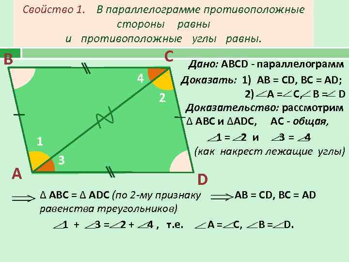   Свойство 1. В параллелограмме противоположные     стороны равны 