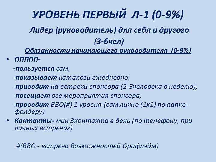   УРОВЕНЬ ПЕРВЫЙ Л-1 (0 -9%)  Лидер (руководитель) для себя и другого