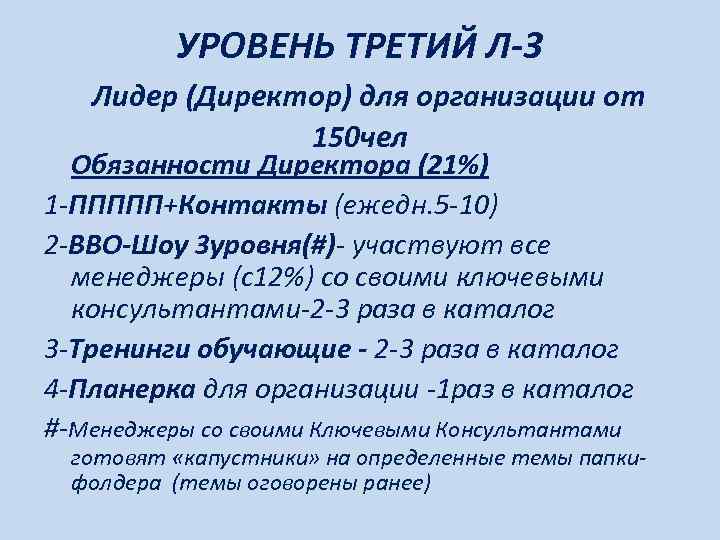    УРОВЕНЬ ТРЕТИЙ Л-3  Лидер (Директор) для организации от  