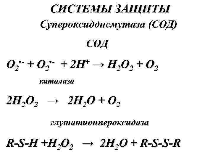   СИСТЕМЫ ЗАЩИТЫ  Супероксиддисмутаза (СОД)   СОД O 2 • -