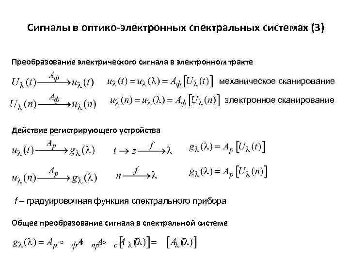 Сигналы в оптико-электронных спектральных системах (3) Преобразование электрического сигнала в электронном тракте механическое сканирование