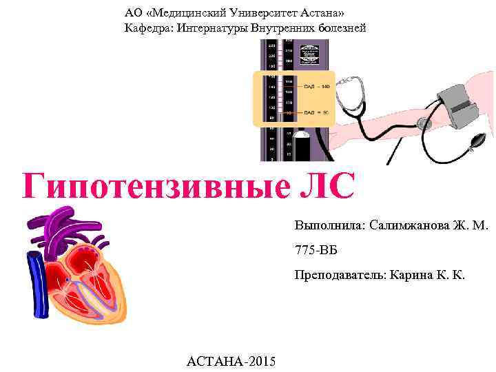   АО «Медицинский Университет Астана» Кафедра: Интернатуры Внутренних болезней Гипотензивные ЛС  