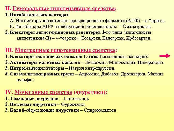 II. Гуморальные гипотензивные средства: 1. Ингибиторы вазопептидаз: А. Ингибиторы ангиотензин-превращающего фермента (АПФ) – «-*прил»