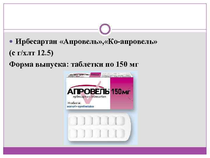  Ирбесартан «Апровель» , «Ко-апровель»  (с г/хлт 12. 5) Форма выпуска: таблетки по