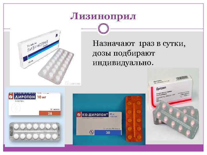 Лизиноприл Назначают 1 раз в сутки, дозы подбирают индивидуально.  