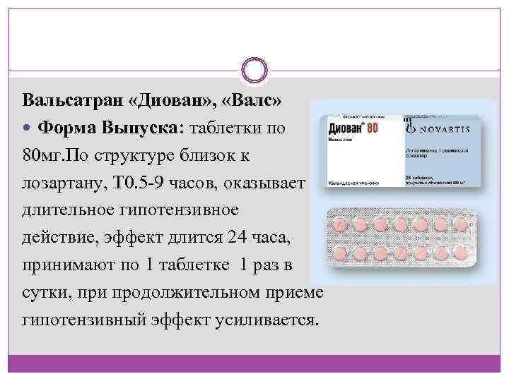 Вальсатран «Диован» ,  «Валс»  Форма Выпуска: таблетки по 80 мг. По структуре
