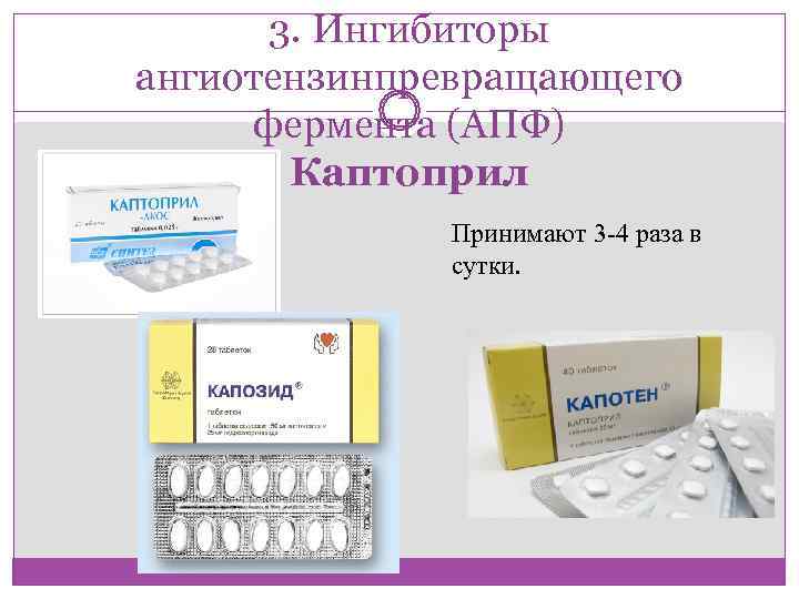  3. Ингибиторы ангиотензинпревращающего  фермента (АПФ)   Каптоприл    Принимают