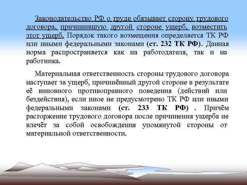   Законодательство РФ о труде обязывает сторону трудового договора, причинившую другой стороне ущерб,