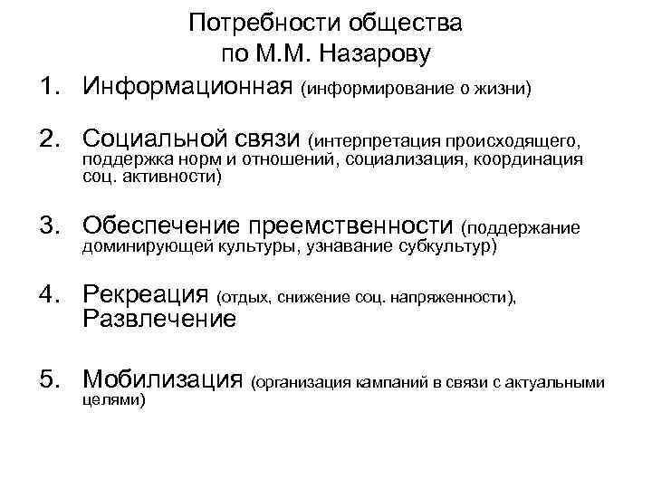 Потребности общества по М. М. Назарову 1. Информационная (информирование Потребности общества по М. М. Назарову 1. Информационная (информирование